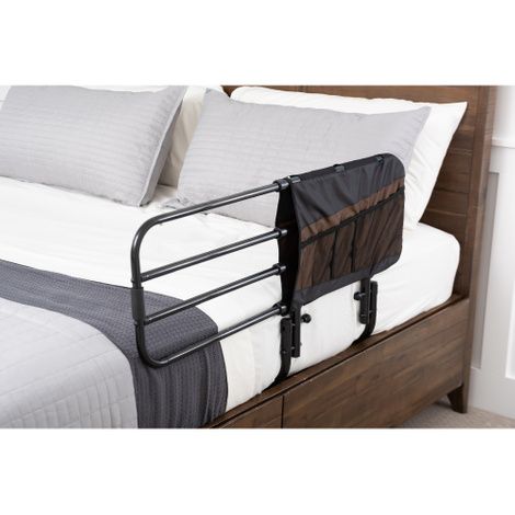 The EZ Adjust Bed Rail functions as both a bed rail and bed handle. Its patented design allows it to extend in length and pivot down after installation.