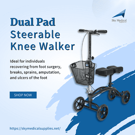 steerable knee scooter comes with a removable front basket and is ideal for individuals recovering from foot surgery, breaks, sprains, amputation, and ulcers