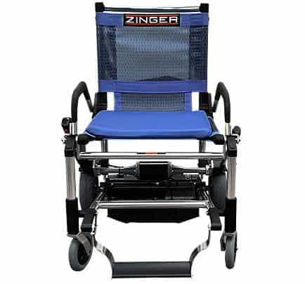 zinger power chiar A lightweight power mobility chair with two-handed throttle steering. Turns on a dime, works indoors and out and weighs just 47.7 lbs.