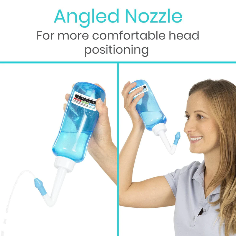 Perfectly angled for greater comfort, the Nasal Rinse includes two rinse heads for creating a soft or moderate flow as needed