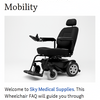 Wheelchair FAQ - Modern power wheelchair with joystick controls, black frame, cushioned seat, and large rear wheels.