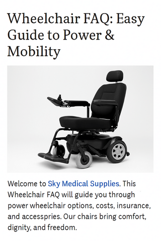 Wheelchair FAQ - Modern power wheelchair with joystick controls, black frame, cushioned seat, and large rear wheels.