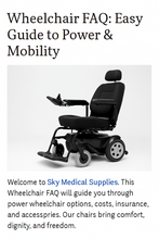 Wheelchair FAQ - Modern power wheelchair with joystick controls, black frame, cushioned seat, and large rear wheels.